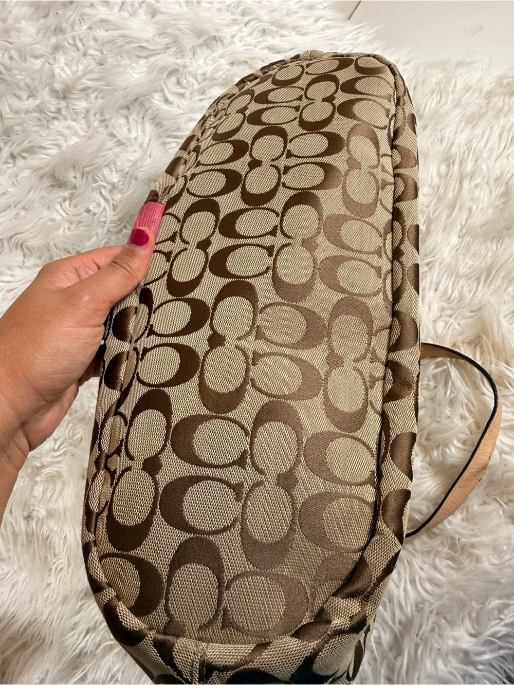 Coach Brown Signature Canvas Tote with Pink Stripe
